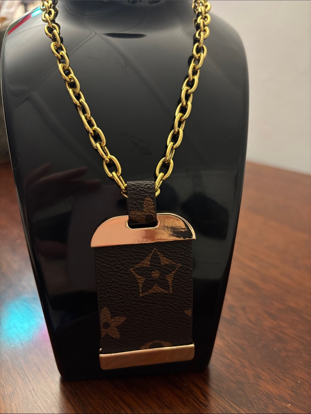 Hand Man ! Fashion Jewelry Gold-Tone Chain Necklace with Brown Monogram Pendant